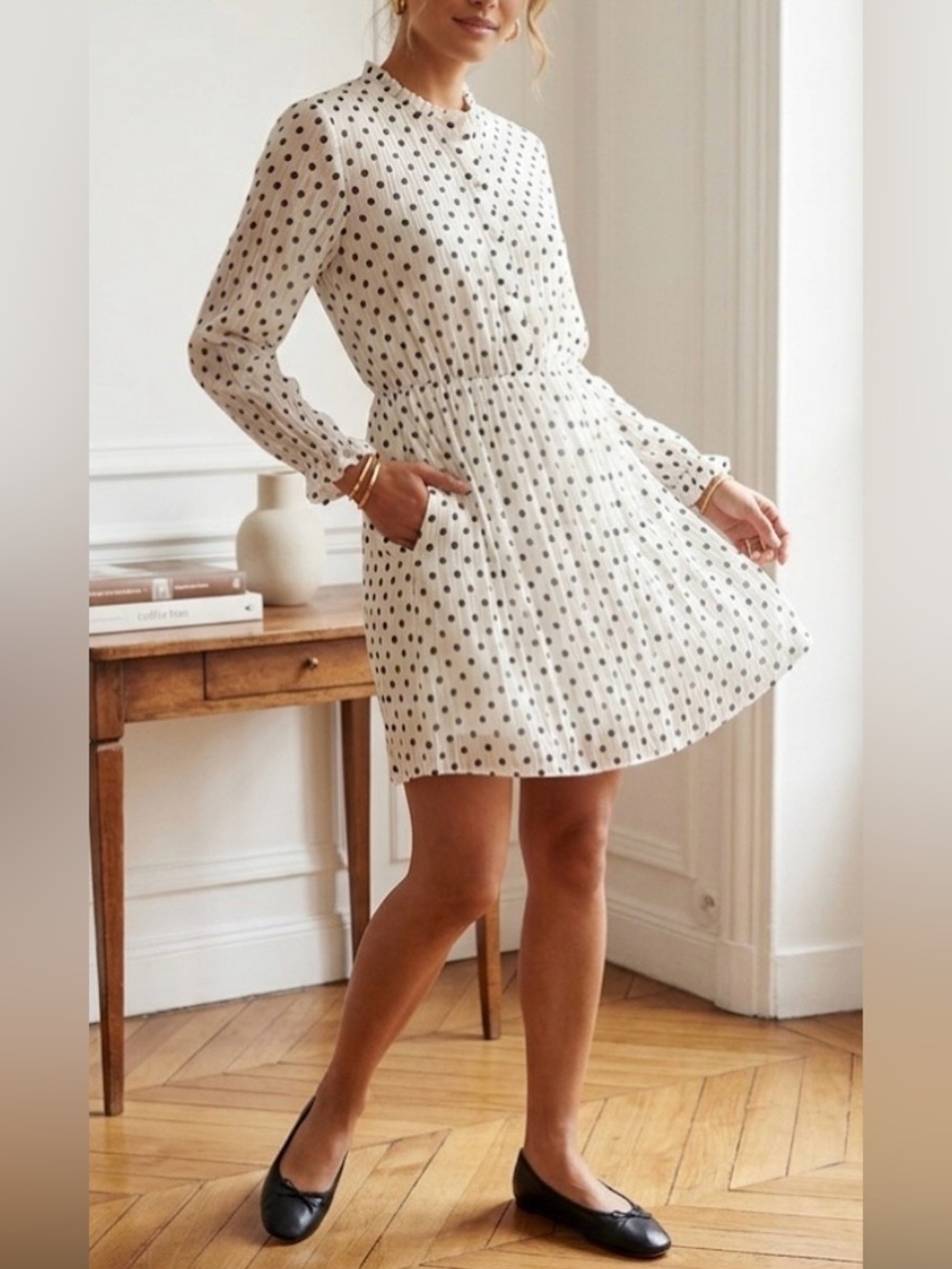 Maje white Mini Shirtdress with Black Polka Dots